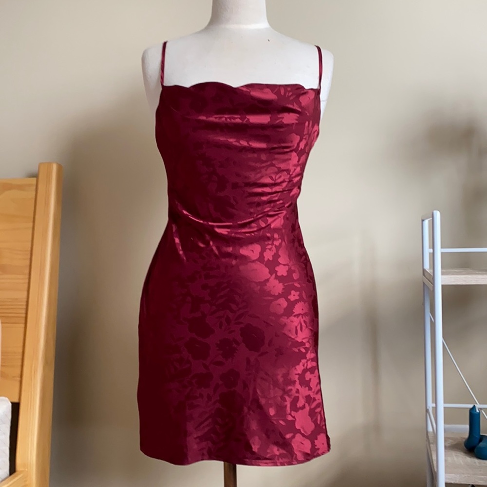 Small Urban Outfitters Wine Color A-Line Satin Dress wit Tonal Floral Pattern